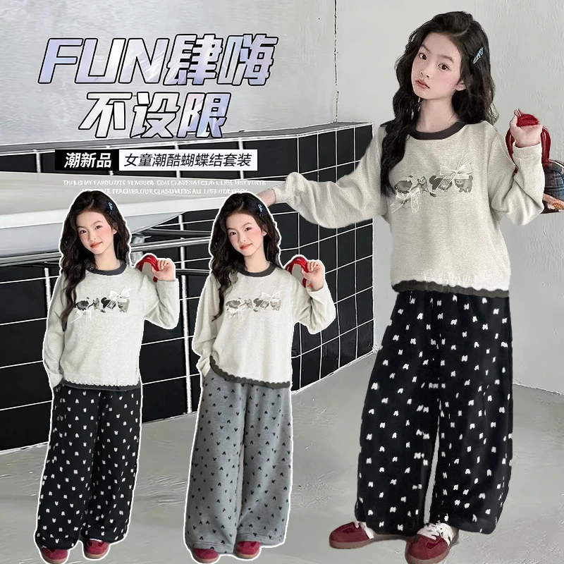 女童秋冬2025新款套装洋气蝴蝶结长袖上衣儿童阔腿裤女宝宝两件套