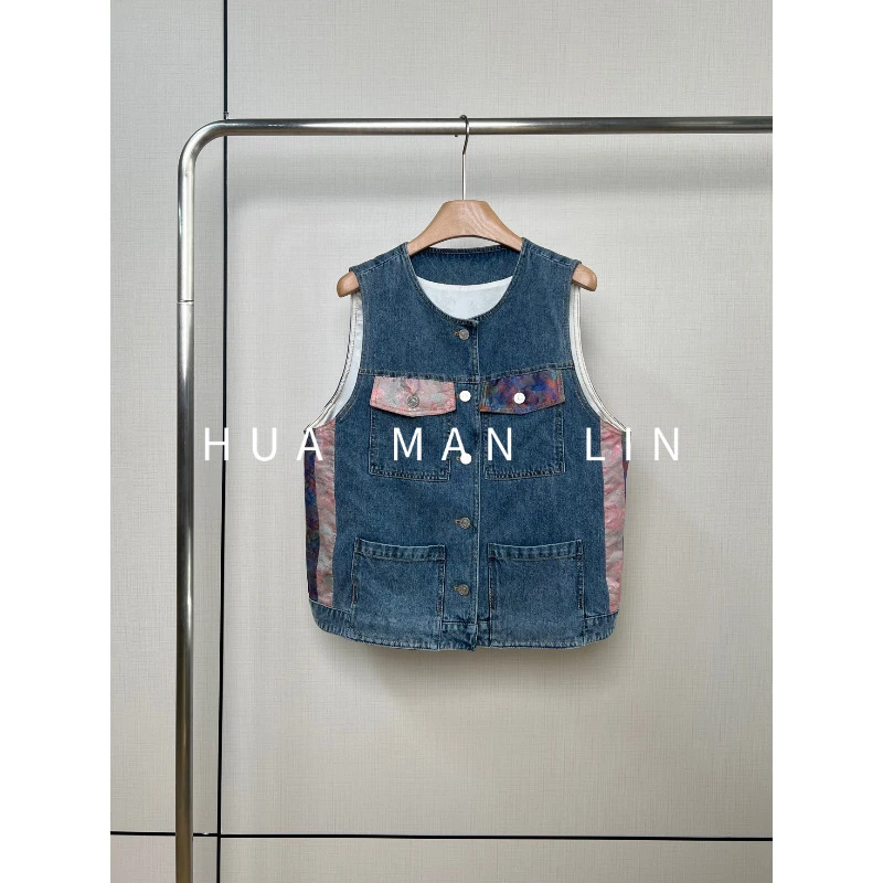 【花满林】圆领四口袋撞色拼接牛仔汉麻马夹246798