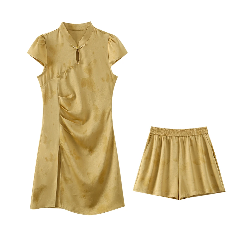 夏季气质时尚新中式改良捏褶旗袍套装516A9159