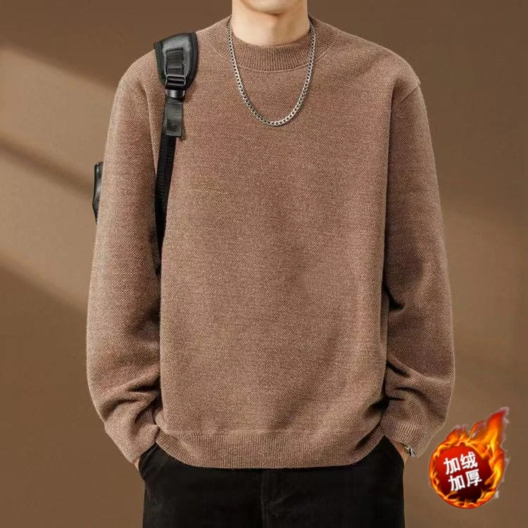 雪貂绒加绒加厚针织衫韩版男士菠萝纹毛衣圆领保暖百搭宽松打底衫