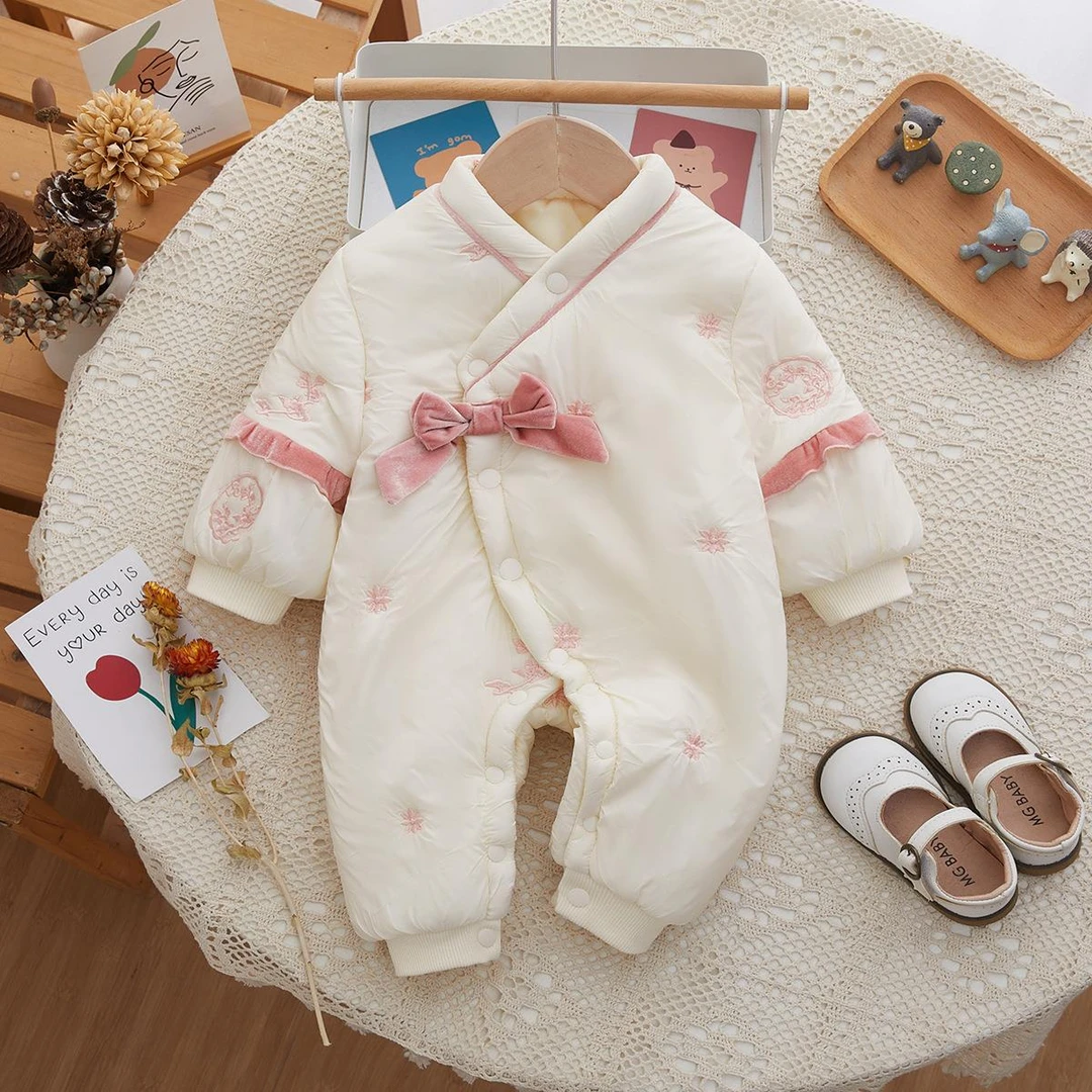 FAVMARTHA婴儿衣服冬季加绒新生儿衣服夹棉婴儿连体衣斜开扣防风