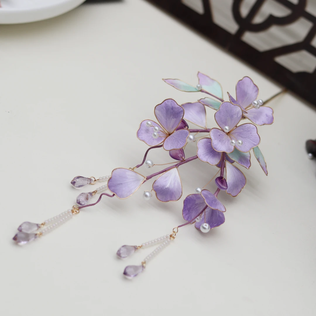 紫藤花 小钗掐丝绒花蚕丝绒花头饰非遗发饰绒花小簪