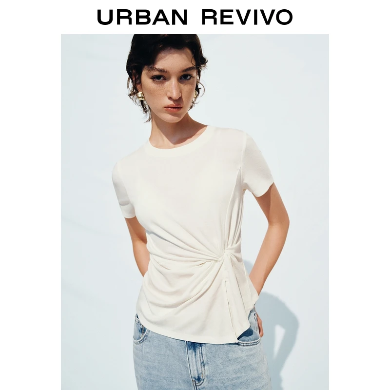 UR2025秋季新款女装简约流光风扭结开衩短袖T恤UWH450094