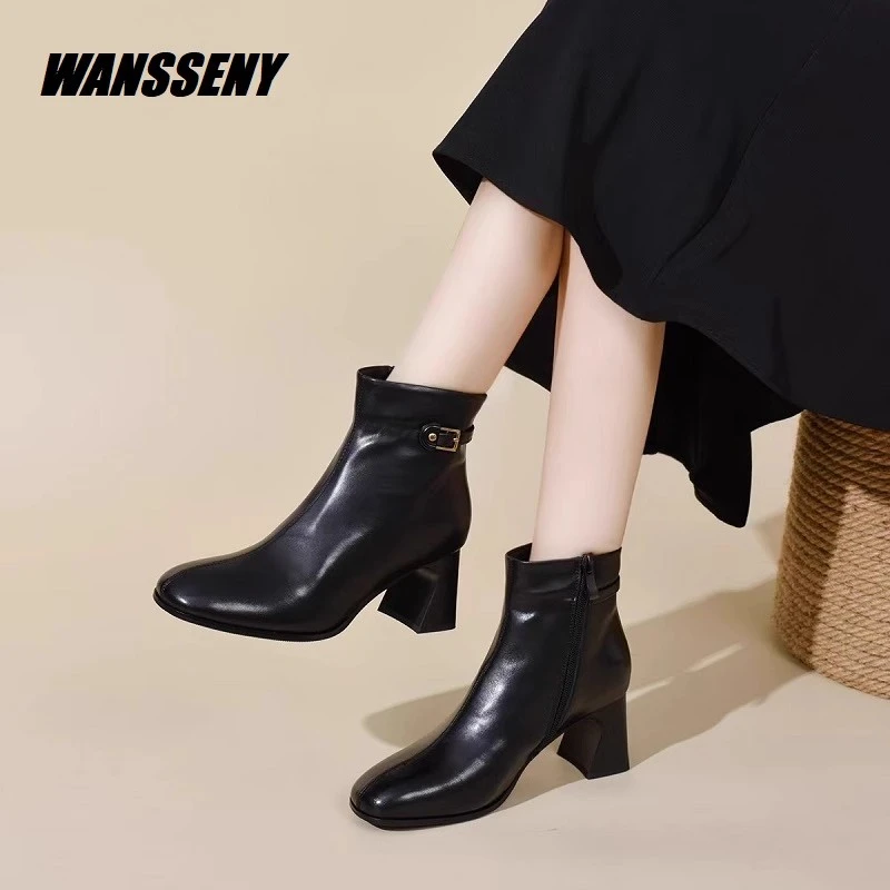 WANSSENY2025年真皮圆头中跟短靴女秋冬新款粗跟加绒马丁靴皮鞋女