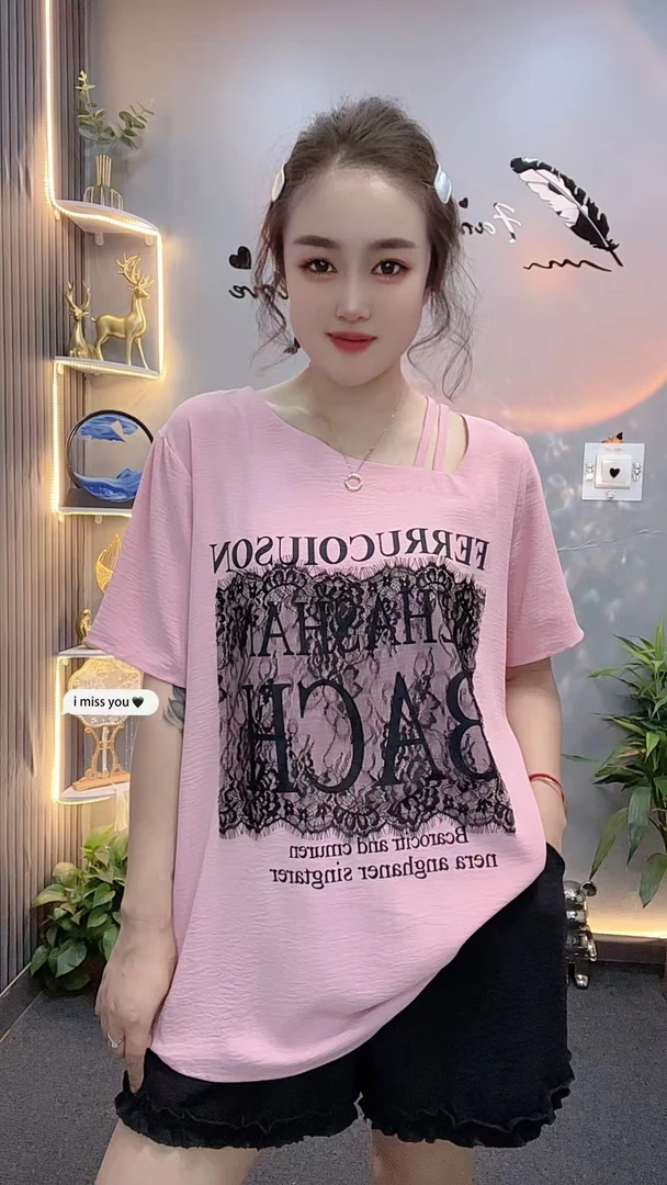 新款1507冰褶皱印花拼接蕾丝短袖洋气遮肉显瘦百搭