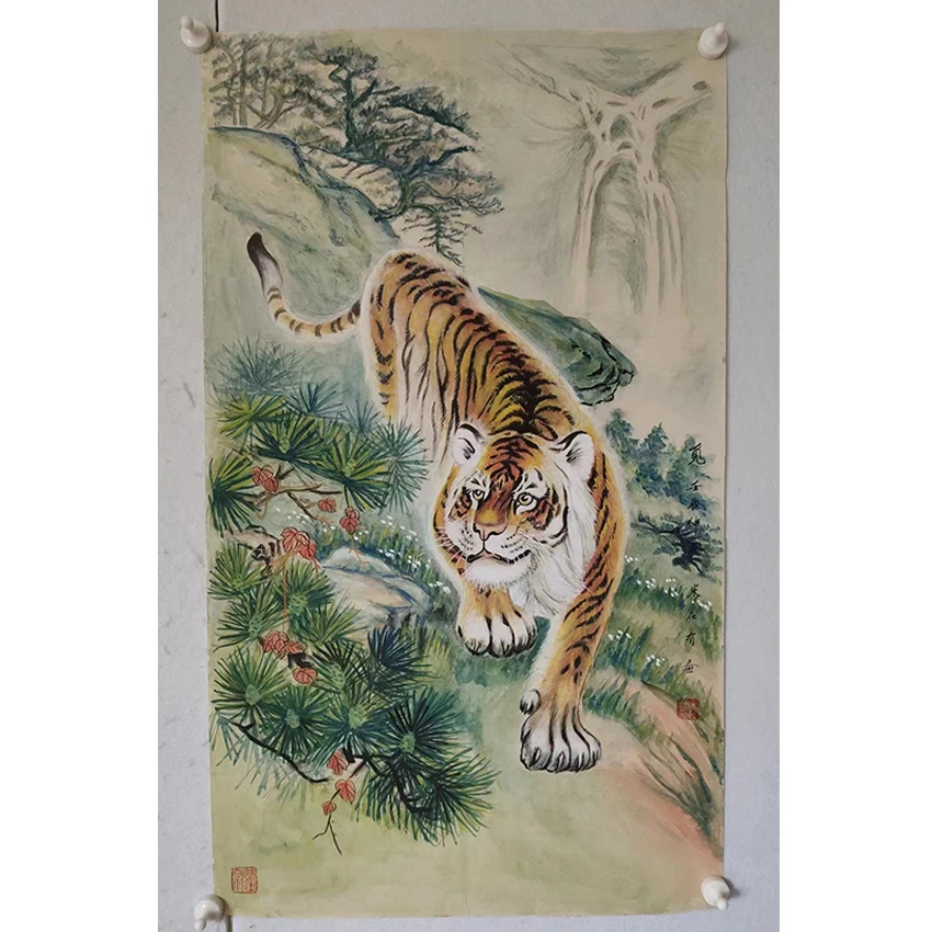 2946  纯手绘老字画《老虎》中堂  尺寸 96×56