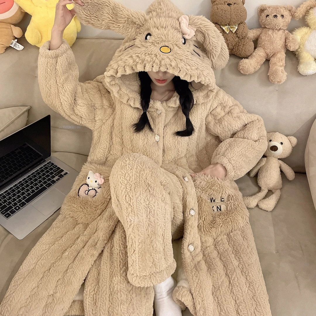 【662女长袍咖色冬季新款睡衣】女三层加厚加绒夹棉睡衣套装可外穿