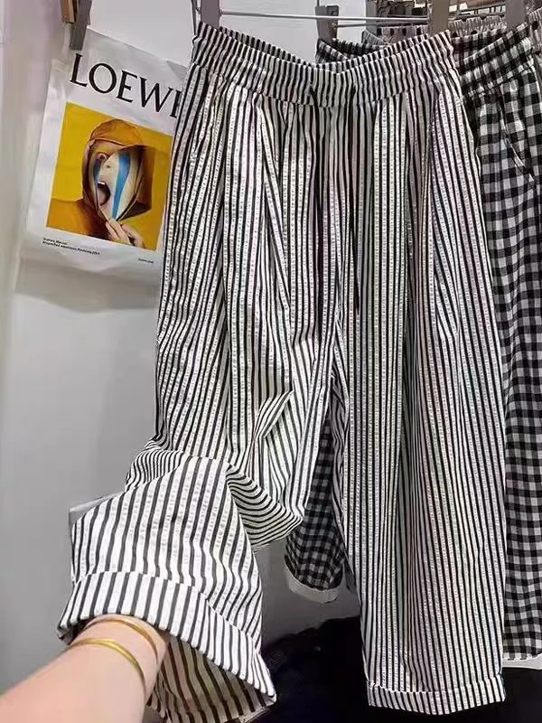 9910百搭竖条纹高腰抽绳阔腿休闲裤直筒裤夏季凉爽九分裤大码