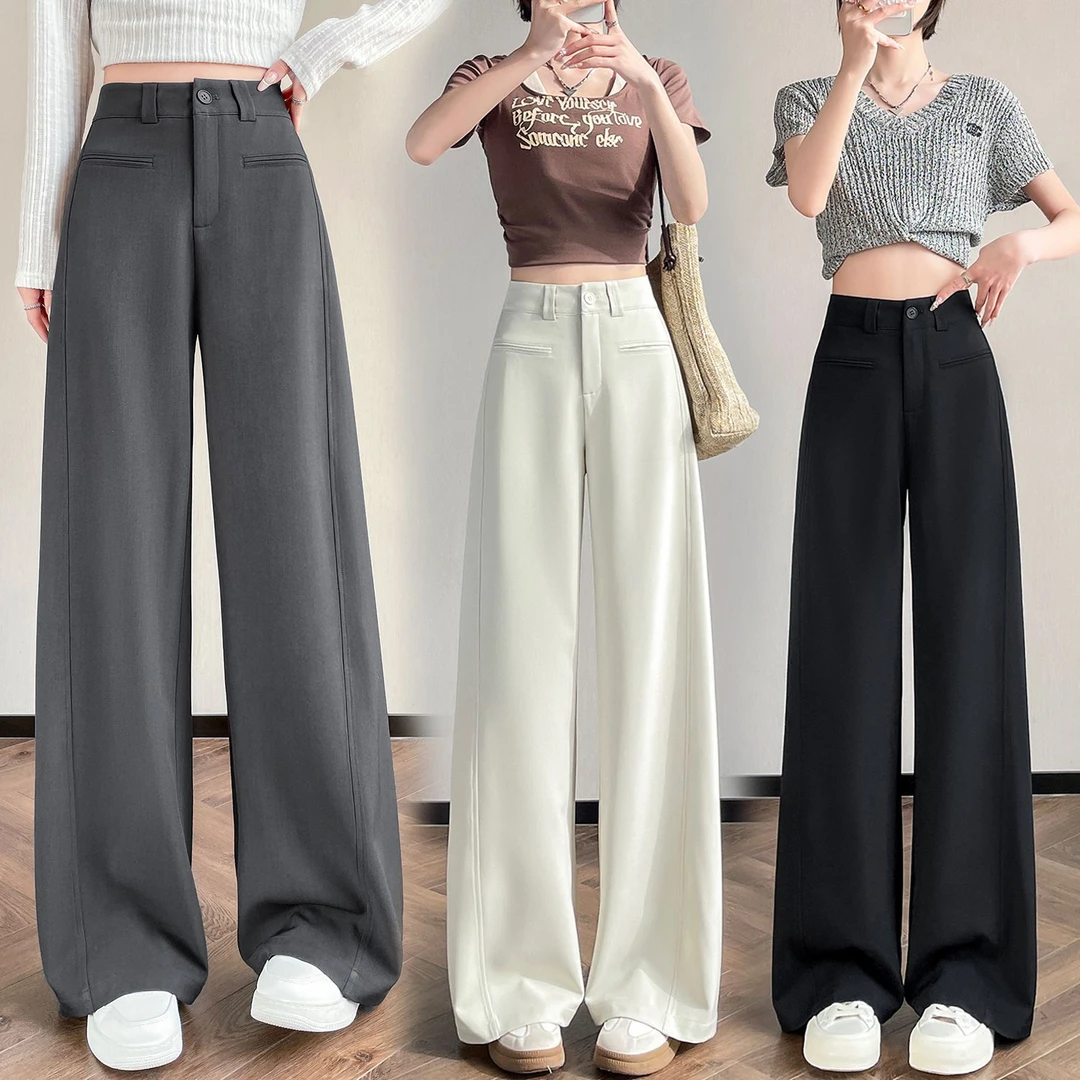 米白色夏季女士高级感垂感直筒宽松拖地西装阔腿裤休闲