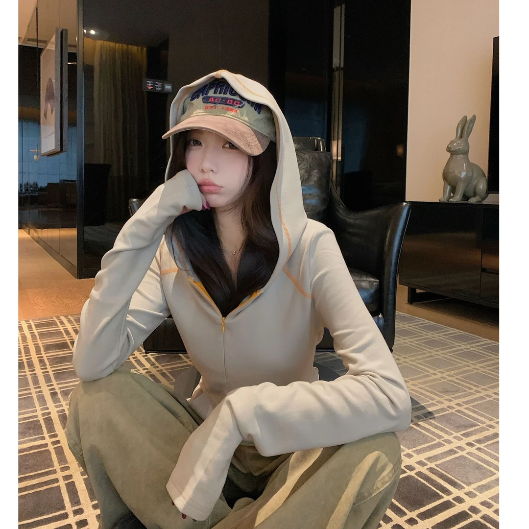 秋季新款小众设计撞色线连帽长袖上衣Q 9468#