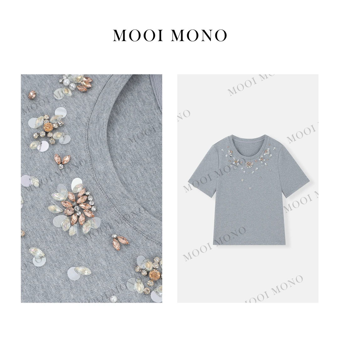 MOOI MONO"清光悦影"显瘦气质短袖鹅蛋领重工镶钻钉珠T恤T659Y52