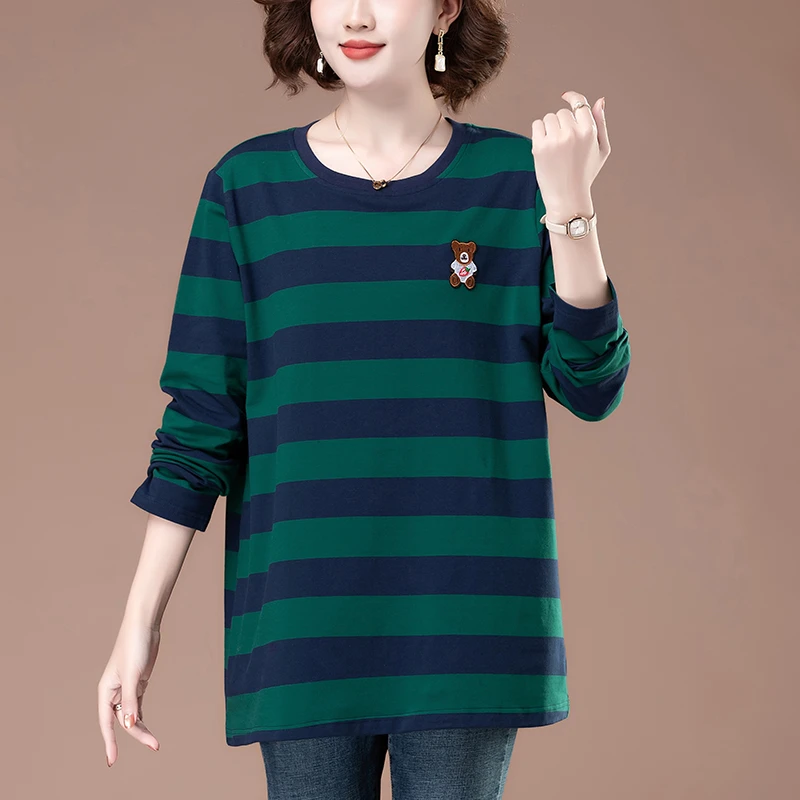 中年妈妈纯棉条纹长袖t恤女新款大码打底衫宽松春秋装洋气衣服女