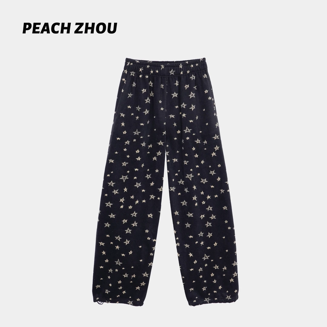 『PEACHZHOU』五角星印花绒面宽松直筒休闲裤百搭松紧腰减龄阔腿裤