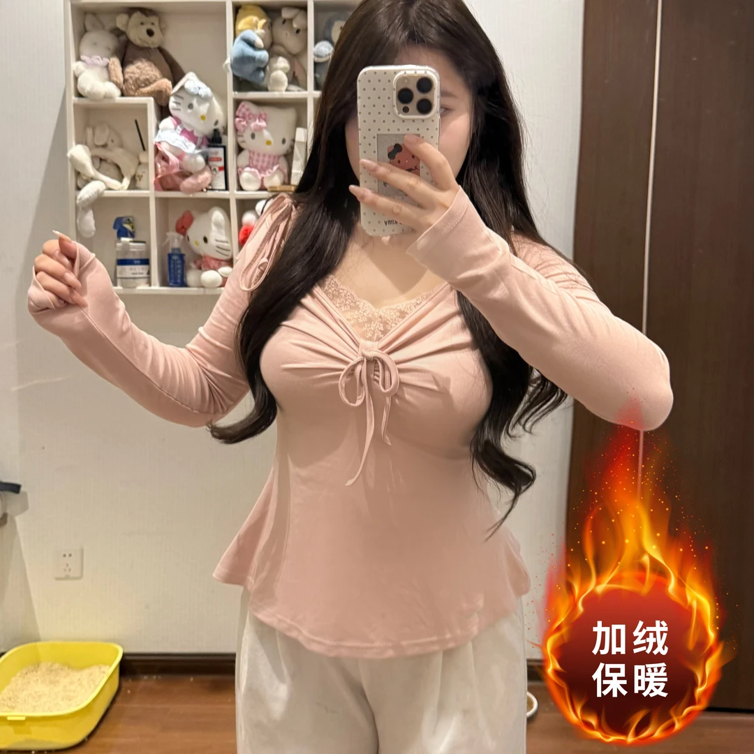 蝴蝶结假两件蕾丝领上衣纯欲长袖显瘦辣妹秋季性感修身