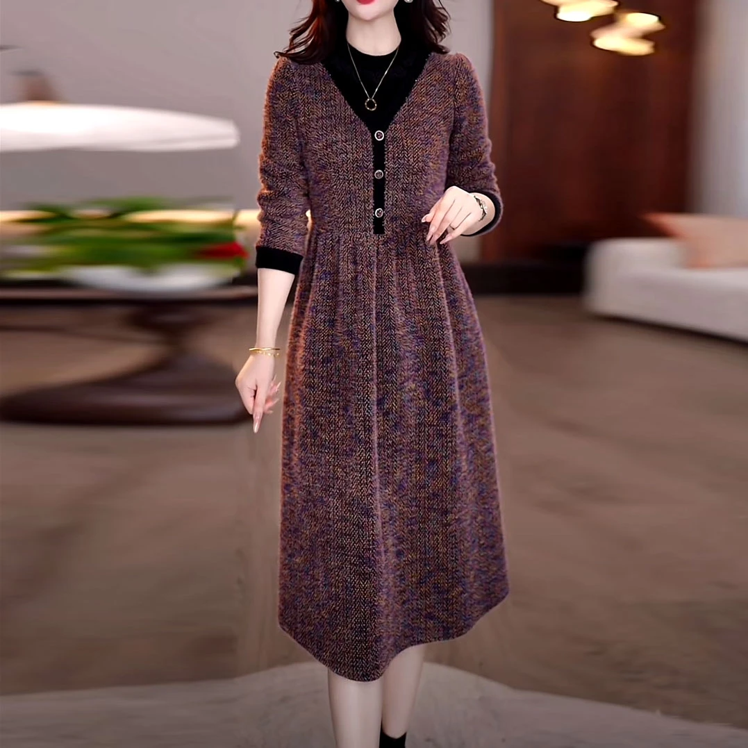 贵妃绒时尚洋气加厚连衣裙2025秋冬新款修身显瘦减龄气质打底裙子