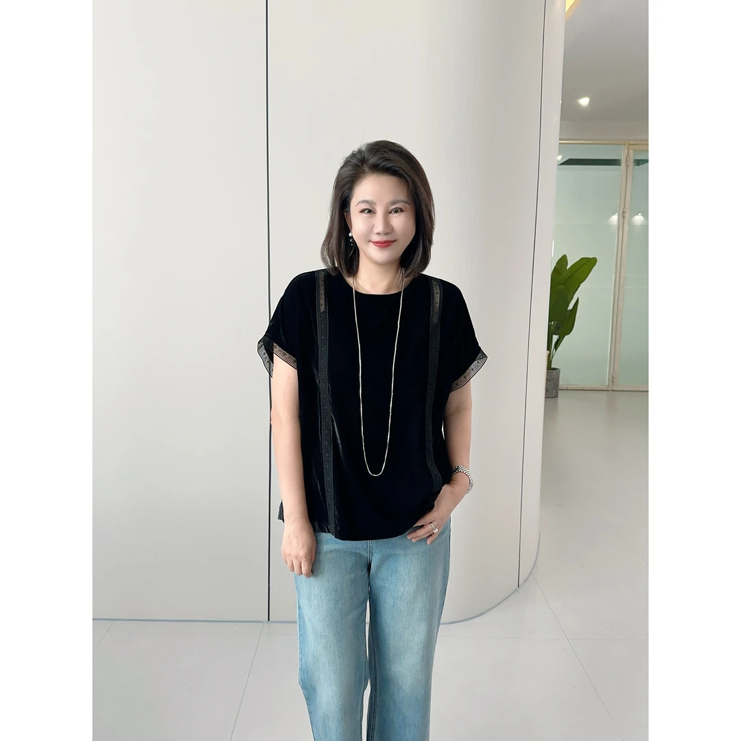 微胖女装【无人之境】丝绒拼接花边后开衩连袖上衣短袖T恤20766