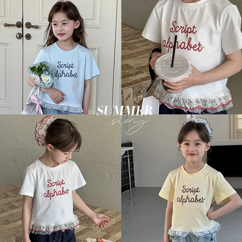 女童短袖T恤2025夏季新款儿童韩系甜美女孩蕾丝花边上衣中大童装