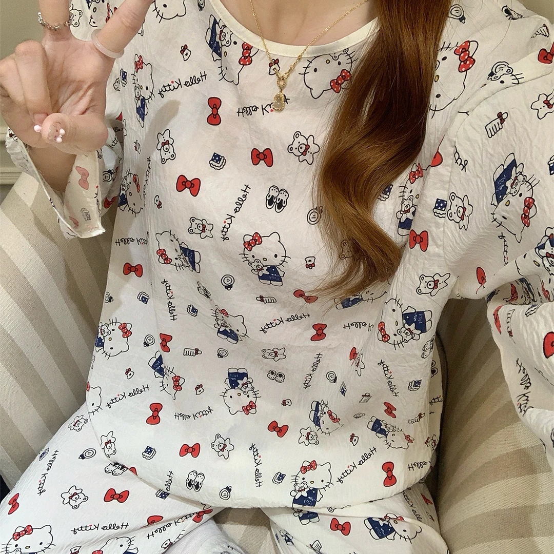 云朵棉睡衣女春秋季长袖大码舒适2025新款红结kt猫套装夏天家居服
