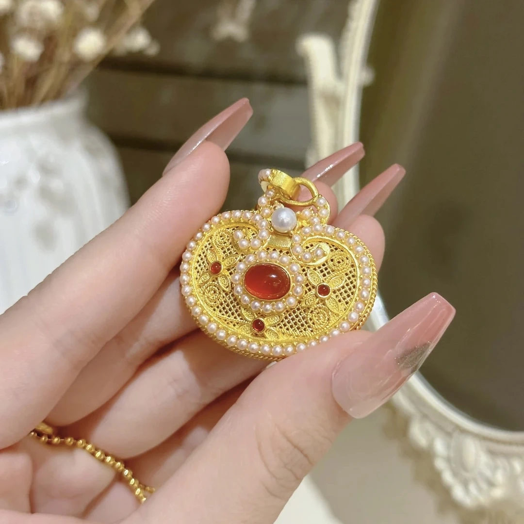 足金999真金纯古法镶嵌宫廷风如意锁包吊坠