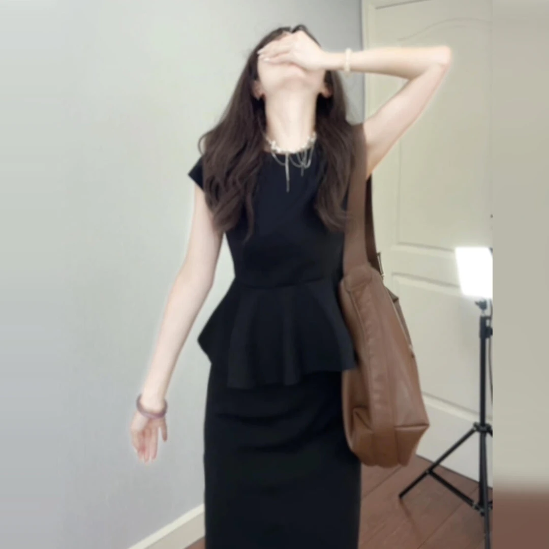 法式气质纯色花边短袖T恤女夏季高级感显瘦半身裙两件套2025新款