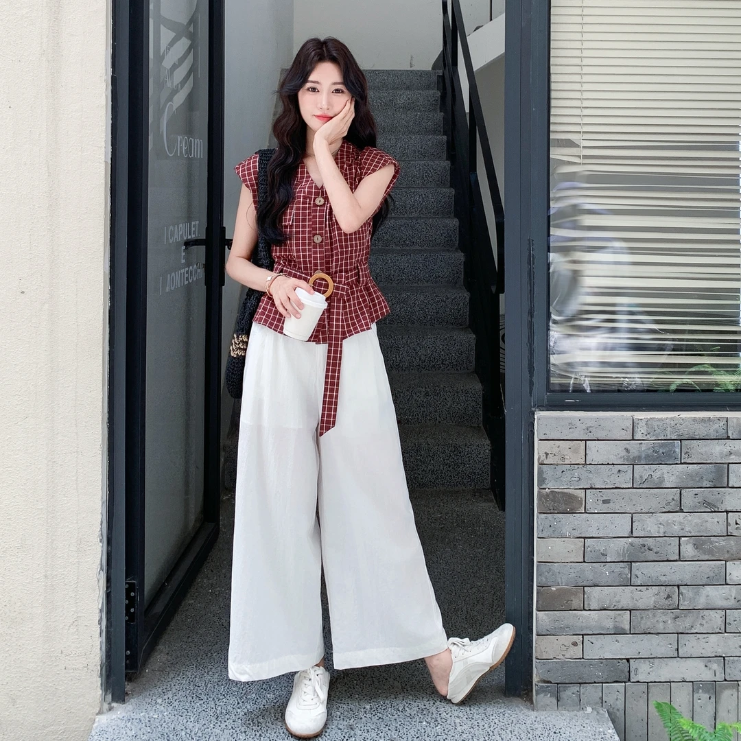 法式复古格纹无袖衬衫休闲阔腿裤两件套女2025年夏季时髦气质套装
