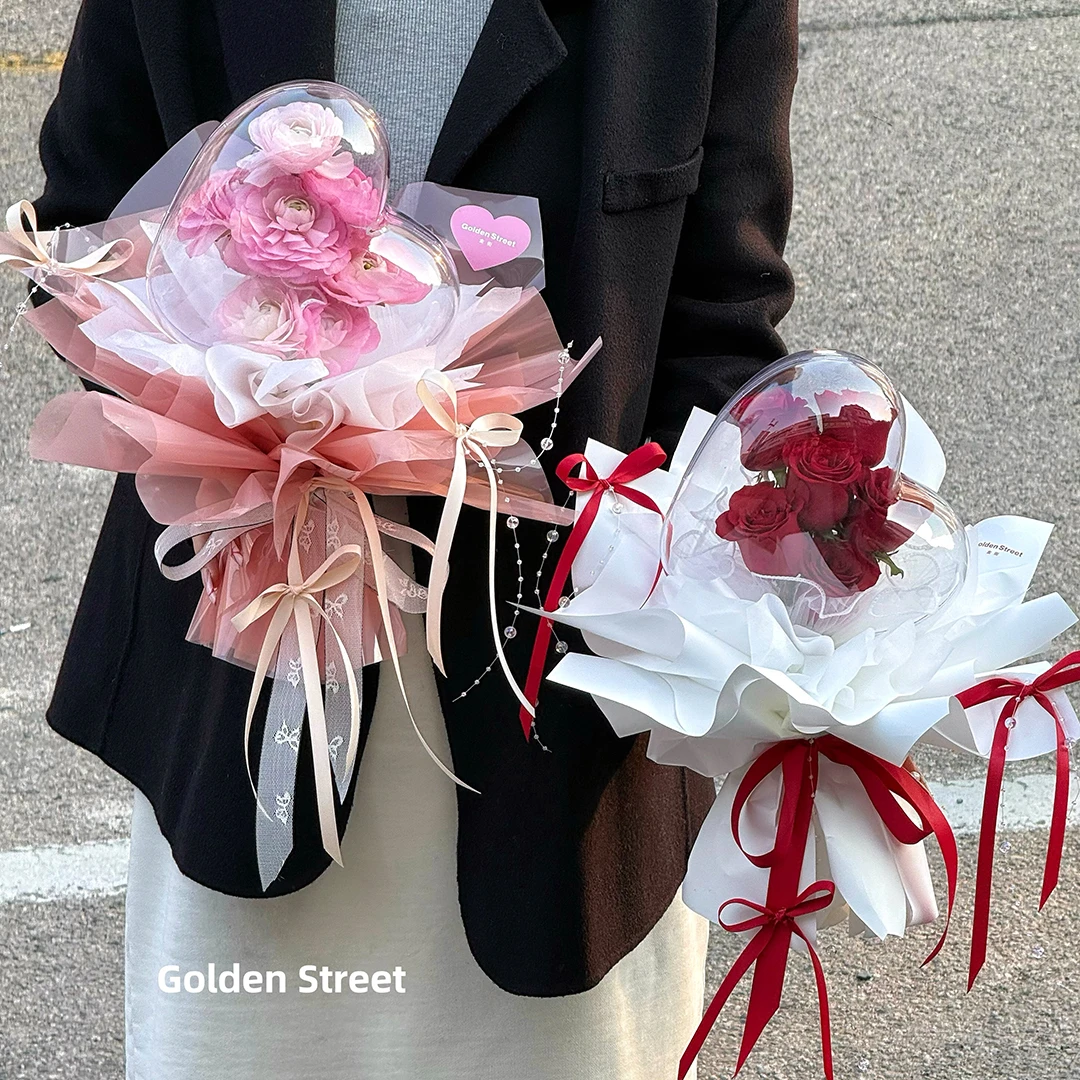 馨宝 爱意之心透明亚克力心形球手捧底座鲜花零食花束包装插花盒