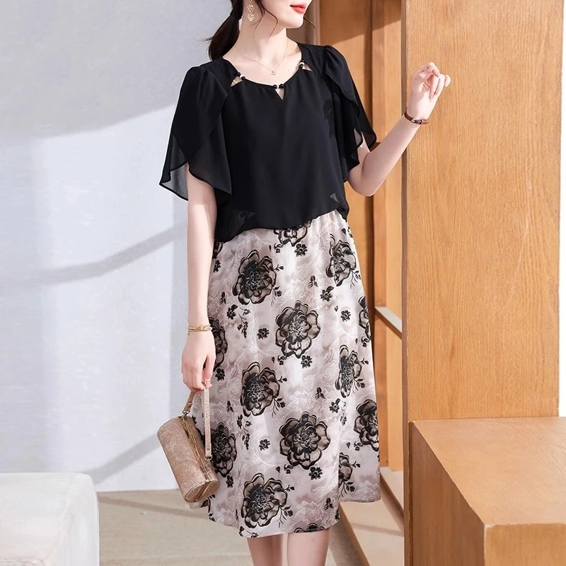 妈妈连衣裙夏季2025新款洋气50岁中老年女装雪纺短袖碎花裙薄长裙