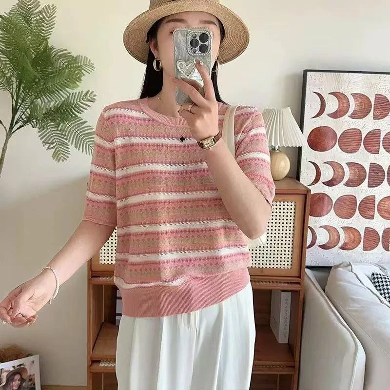 粉色条纹薄款针织短袖女t恤女爆款夏季时尚洋气体恤135