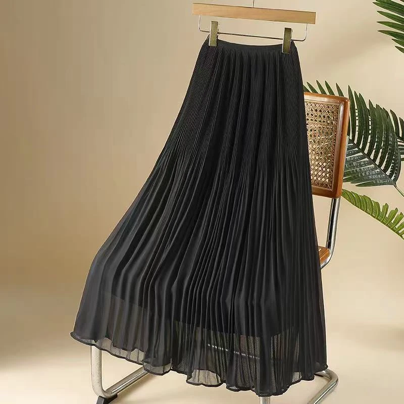 法式细褶冰丝皱半身裙女夏季高腰中长款气质垂感百褶裙A字大摆裙