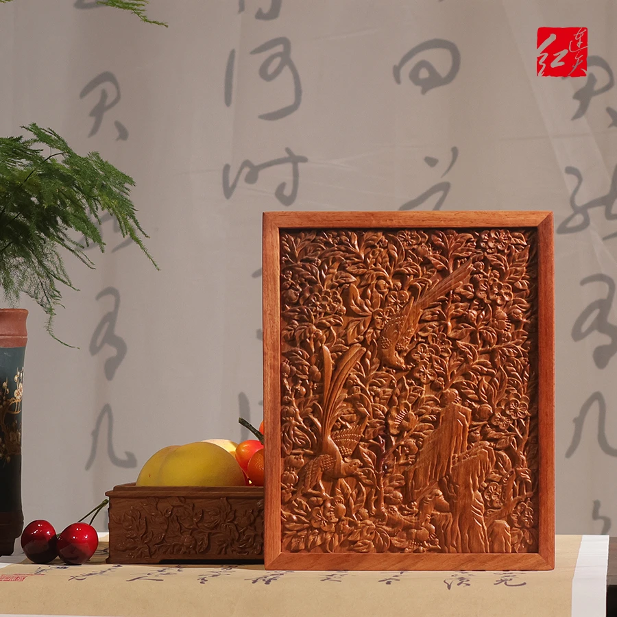 DZ1029M38红梅花绶带长方盒木制收纳盒 缅花 248×201×98mm