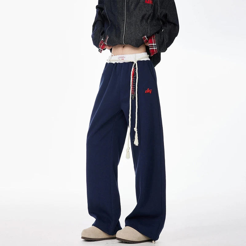 美式高街撞色绑带运动裤男宽松阔腿弯刀卫裤嘻哈爵士舞蹈休闲裤子