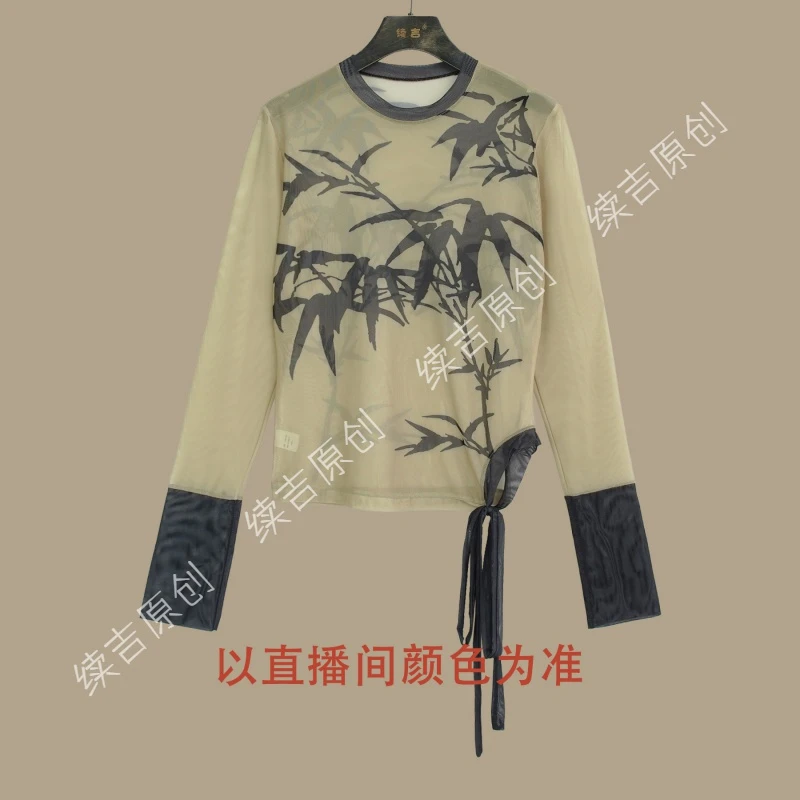 原创设计24-725（墨竹思金）新款显瘦百搭时尚长袖拼接T恤印花
