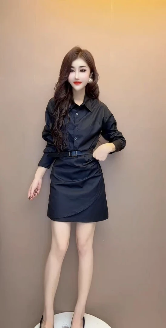 纯欲高级感辣妹翻领长袖衬衫连衣裙女2025秋季新款修身显瘦A字裙