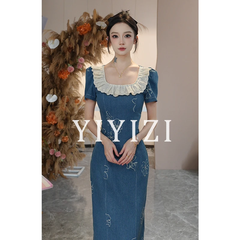 【少量现货】蓝色牛仔方领连衣裙女夏季长裙2025新款气质重工沙滩裙