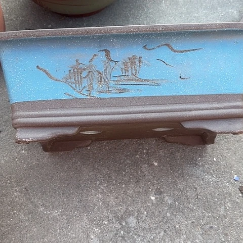 紫砂宜兴紫砂36刻绘马槽蓝色