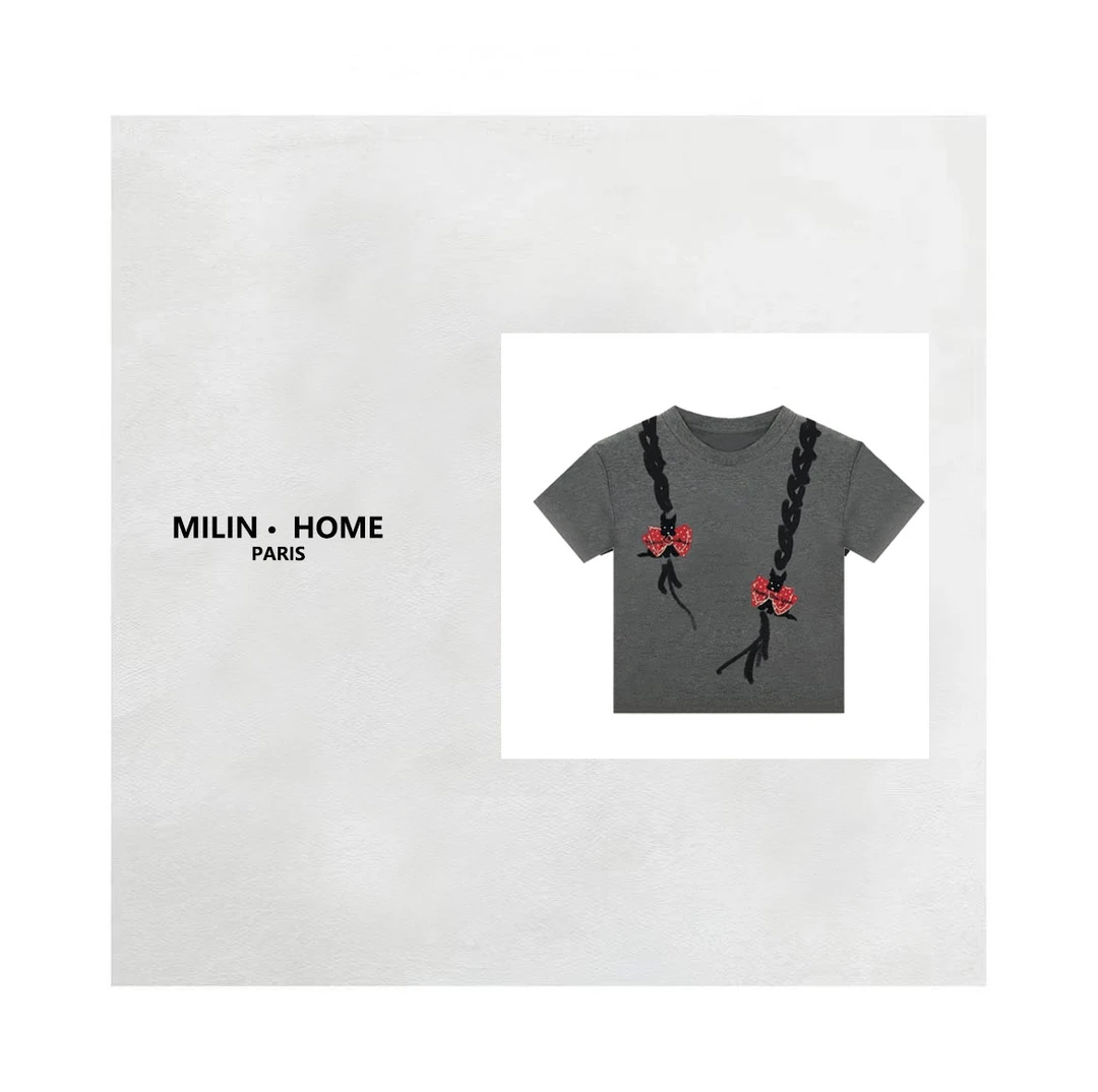 【多多专属】小众设计蝴蝶结刺绣休闲修身圆领短袖T恤女夏2025新款