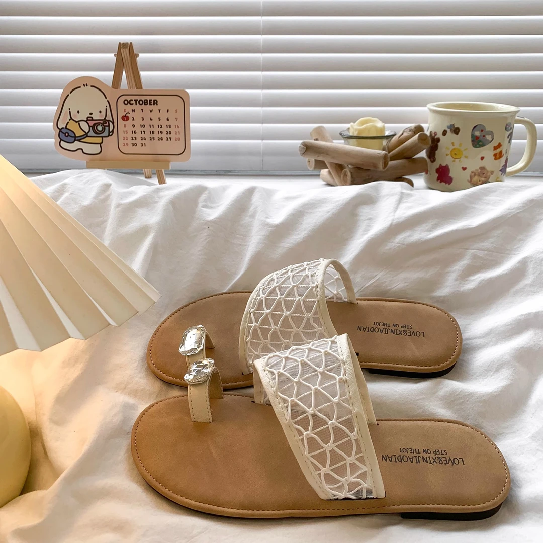 啄木鸟绝美套趾网纱凉拖鞋女夏外穿2025新款配裙子海边度假半拖鞋
