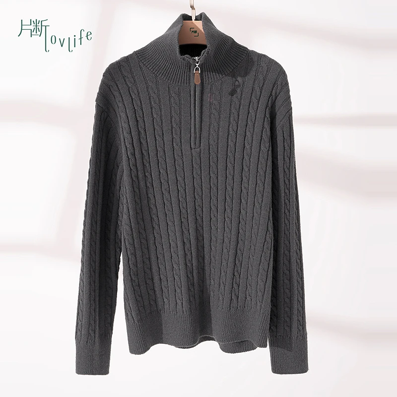 片断深灰毛针织衫女2025冬季新款高领半拉链麻花纹宽松休闲上衣