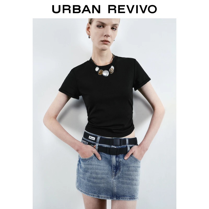 UR2025夏季新款女装时尚休闲褶皱收腰修身短袖T恤UYY450114