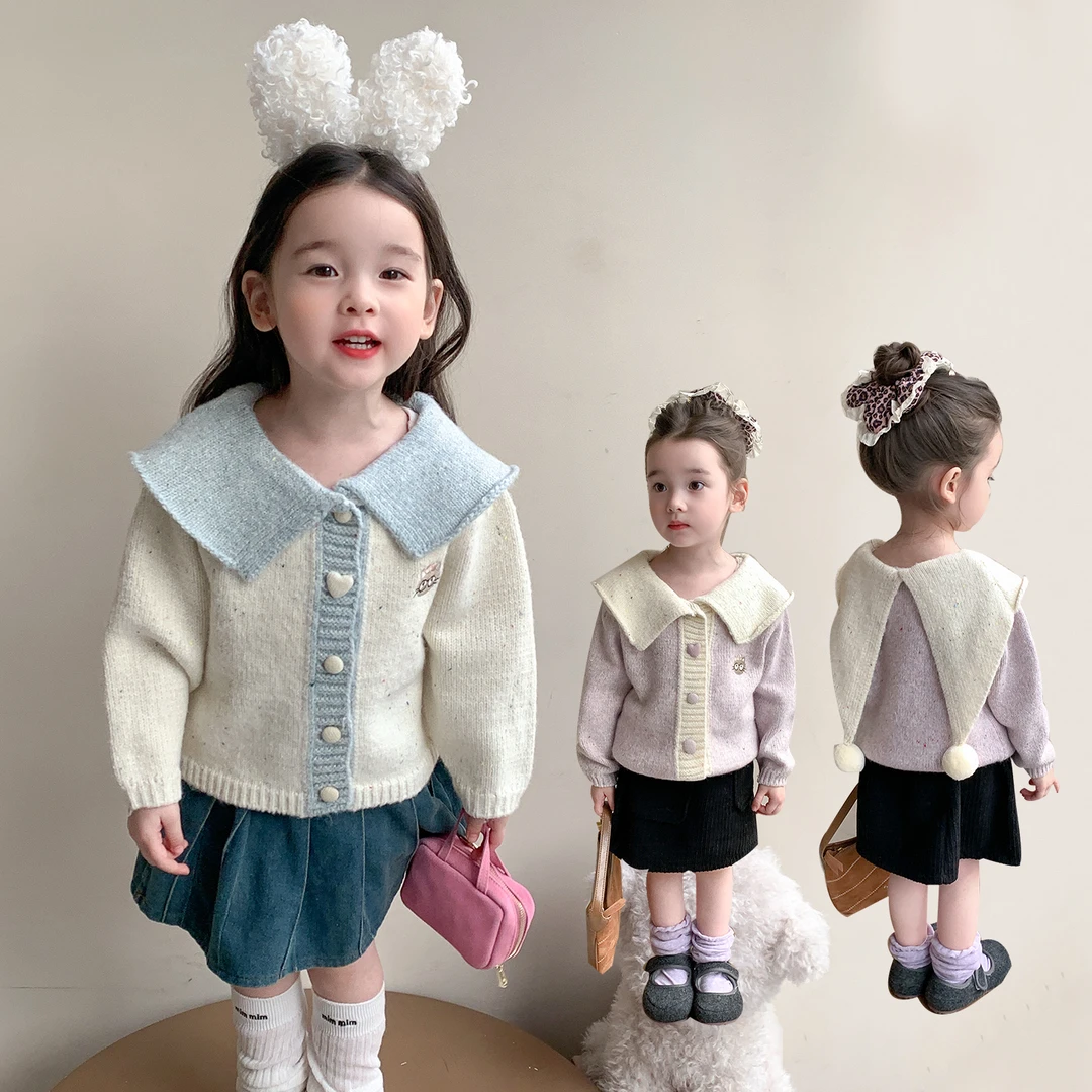 女童大翻领毛衣外套洋气儿童秋冬装女宝宝针织开衫上衣小女孩时髦