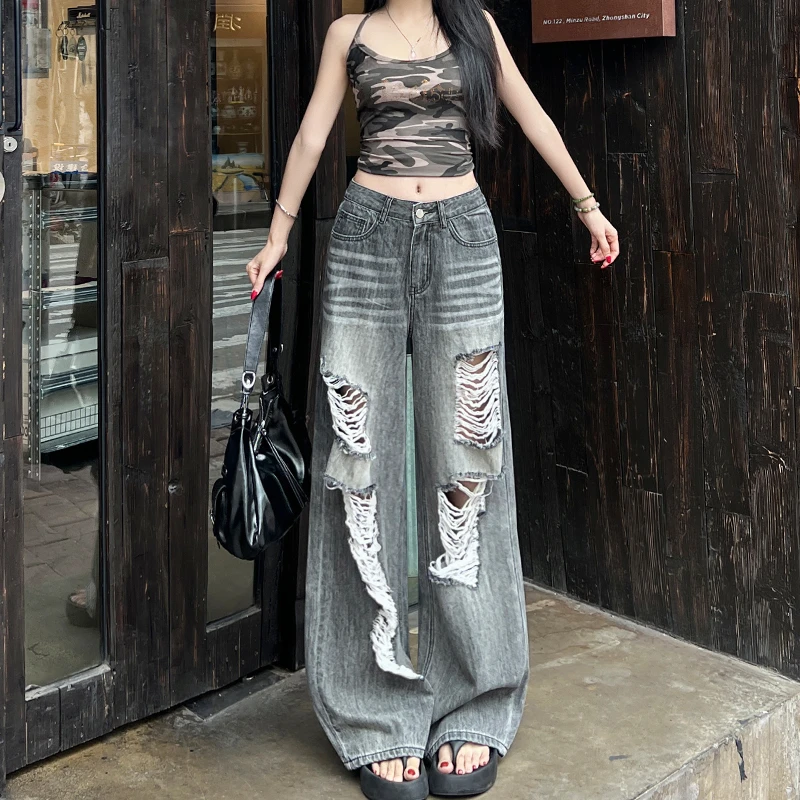 复古水洗灰色破洞牛仔裤女秋季2025新款高腰显瘦直筒裤阔腿拖地裤
