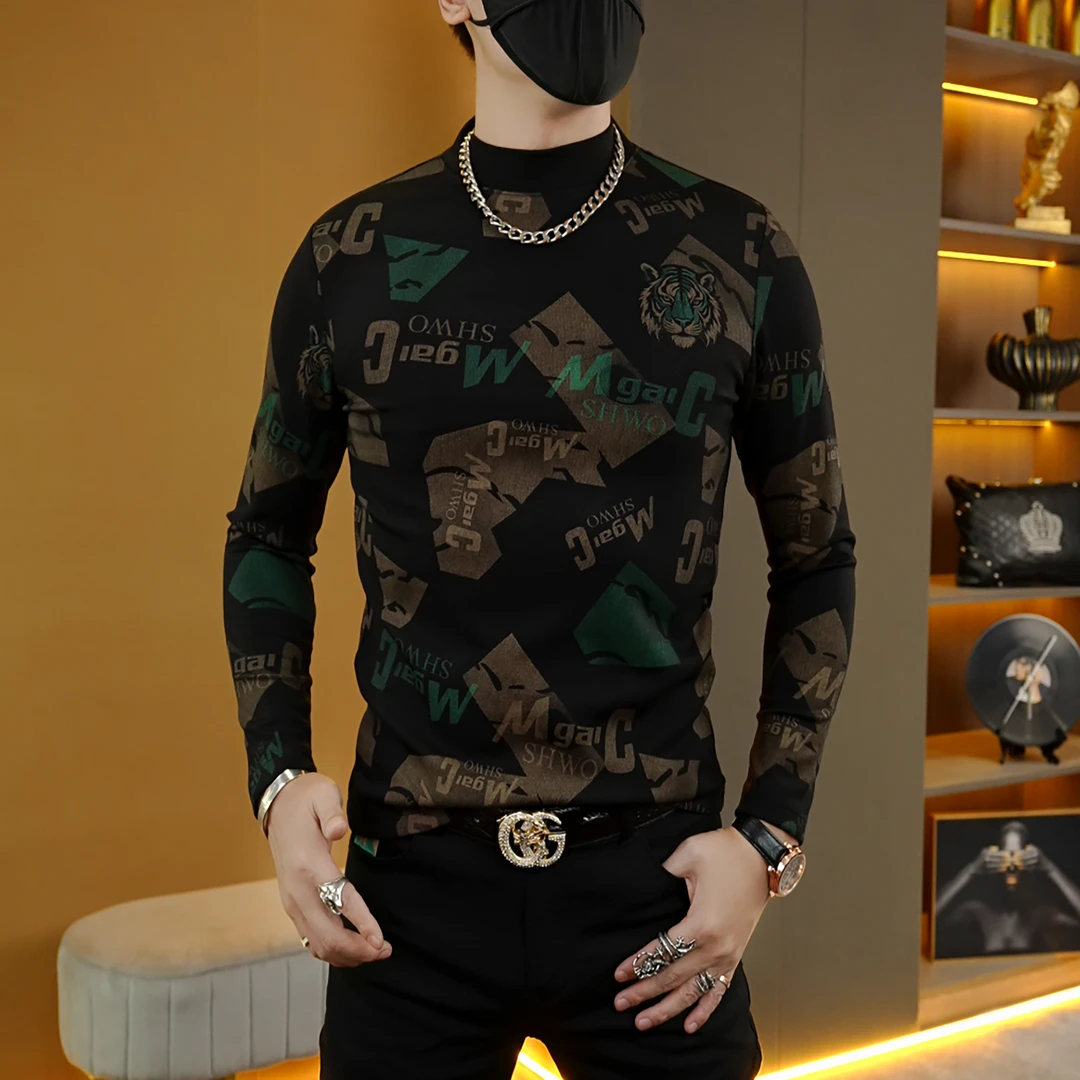 秋冬季轻奢潮流时尚舒适个性网红百搭虎头男士款修身打底圆领长袖