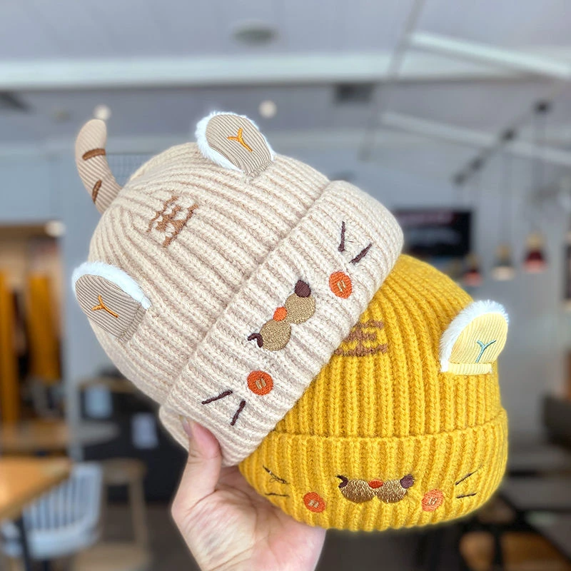 婴儿帽子秋冬季卡通老虎宝宝毛线帽男童防风保暖套头帽女童针织帽