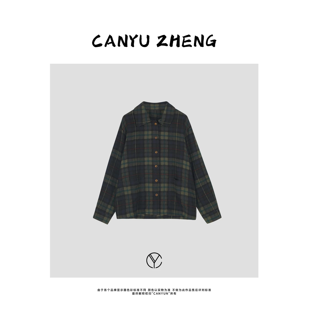 CANYU春款 土星 复古绿格羊毛混纺口袋翻领衬衫
