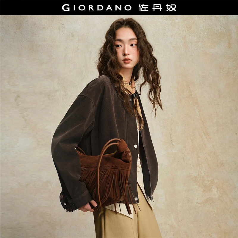 佐丹奴设计师款仿牛皮绒收褶流光风圆领氛围感外套女18375915