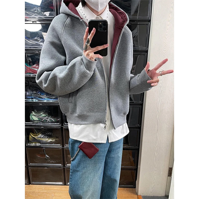 高级感空气层开衫连帽卫衣男款秋季帝王红内boxy廓形上衣潮牌外套