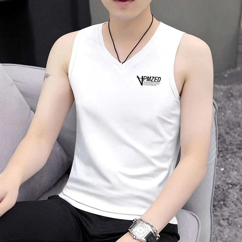 背心男士夏季新款白色印花无袖T恤薄款速干坎肩运动外穿潮流汗衫