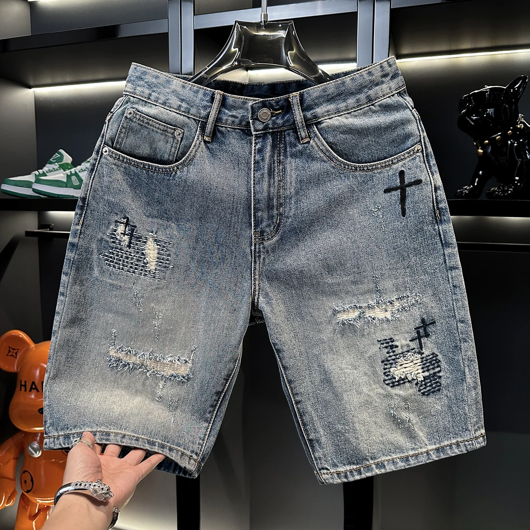 休闲男式破洞短裤直筒裤夏季短裤高端补丁刺绣薄款牛仔裤直筒中裤