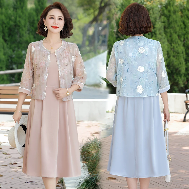 中年妈妈夏装高端气质连衣裙套装2025新款收腰显瘦雪纺裙子两件套