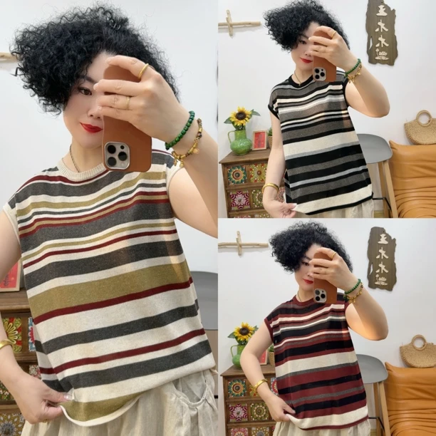 【木木新品】68108#条纹针织砍袖衫